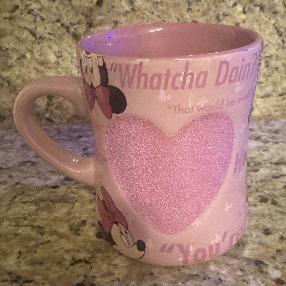Disney Parks MINNIE MOUSE Coffee Mug Pink Glitter Heart Flirty Quotes Tea Cup - Picture 2 of 3